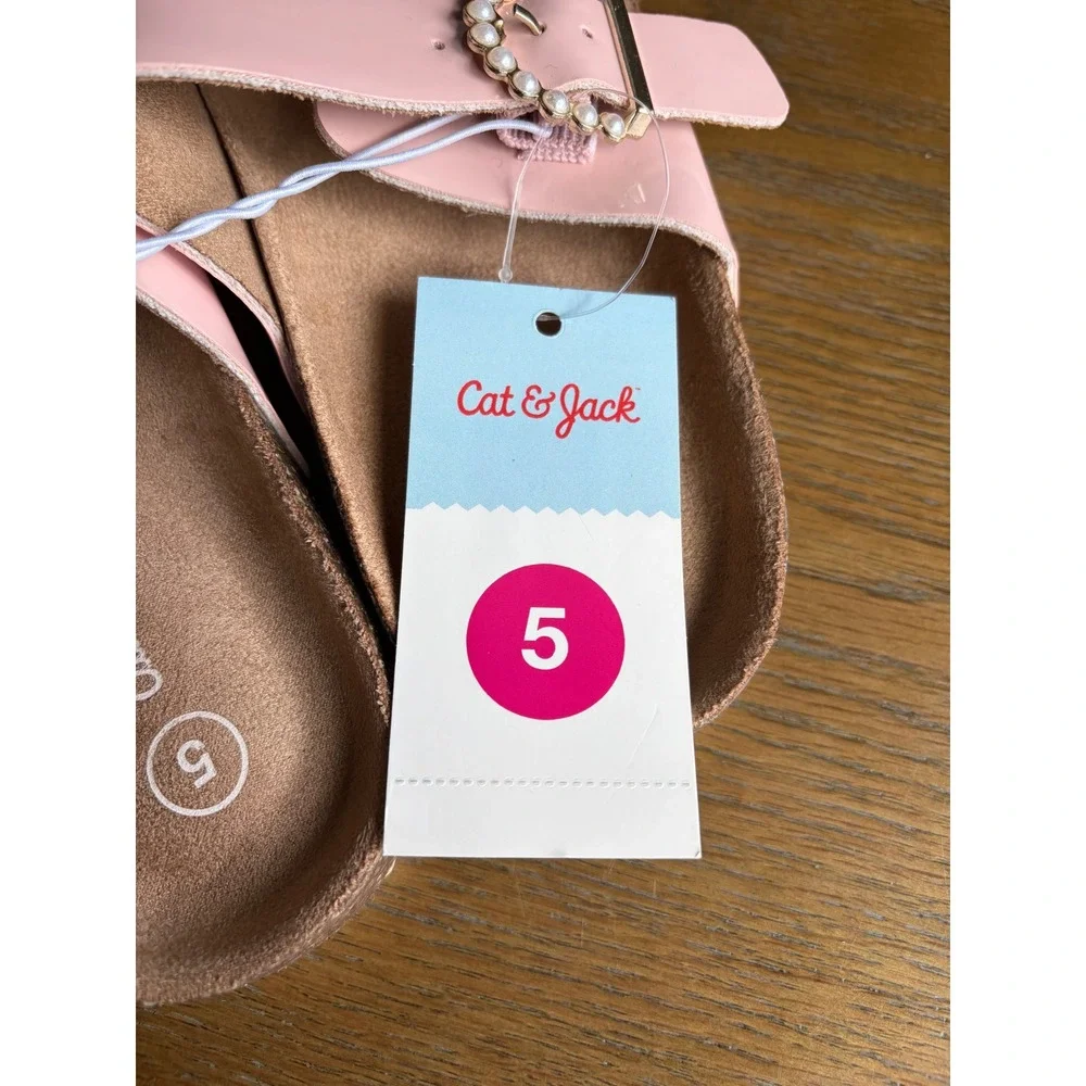 Cat & Jack Drew Pink Patent Pearl Buckle Slide Sandals Kids Size 5 NWT